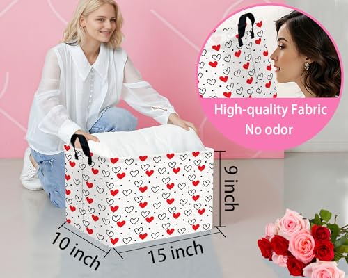 Image of Valentines Day Basket Large Foldable Heart Shaped Storage Box for Gifts Kids Empty Storage Bins Rectangular Toy Organizer Decor (Black Dot Love Red Love)