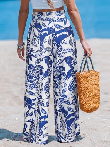 Image of CUPSHE Women's Wide Leg Beach Pants - Tropical Floral with Pockets Plus Size Casual Flowy Vacation Bottoms