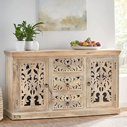 Solid Wooden Carved Sideboard Cabinet | Antique Cabinet for Living Room | Carved Cabinet for Kitchen | Wooden Crockery Cabinet | Natural Finish | 40D x 135W x 83H Centimeters-image-19