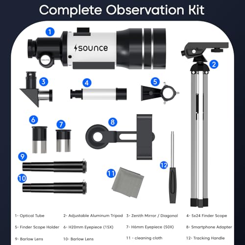 Image of Sounce 70mm Astronomical and Sky Refractor Telescope with 150x Ultra Zoom Fully Coated Glass Optics Alt Az Mount compatible with 70mm Professionals to Explore Moon Planets Star Deep Sky Objects(Black)