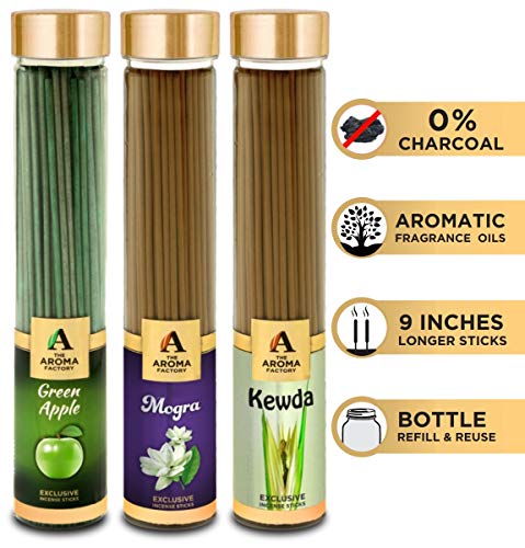 Image of The Aroma Factory Green Apple,Mogra & Kewda Agarbatti for Pooja,Luxury Incense Sticks,100% Herbal Fragrance Agarbathi, 0% Surphates (Bottle Pack of 3x100g)