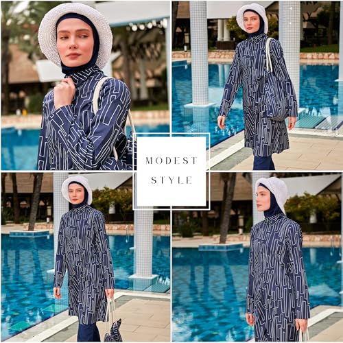 Islamic Full-Length Patterned Modest Swimsuit for Women | 4 PCS Muslim Burkini Set | Full Coverage Long Sleeve Rash Guard3