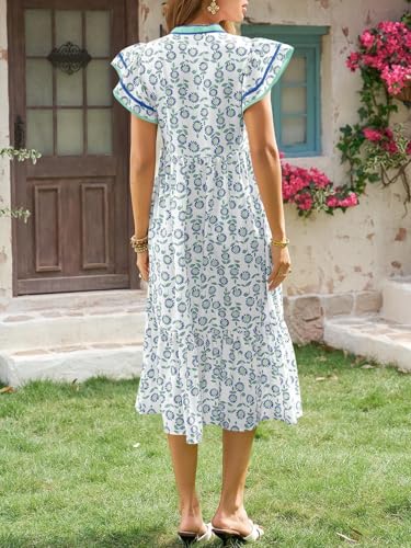 Image of Wenrine Womens Summer Floral Midi Dresses Cap Sleeve Striped Sundress