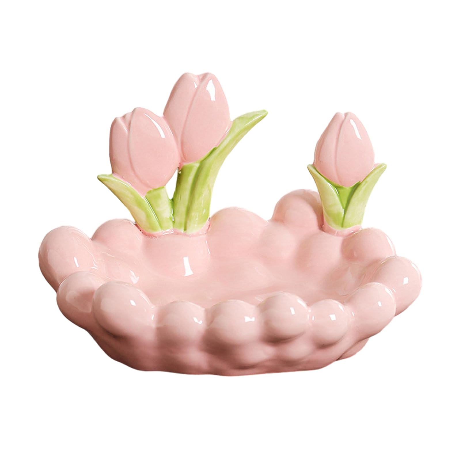 Glifora Ceramic Tulip Key Dish - Pink Flowers Jewelry Dish, Decorative Desktop Organiser for Jewelry, Watch, Entryway, Bedroom and Dresser