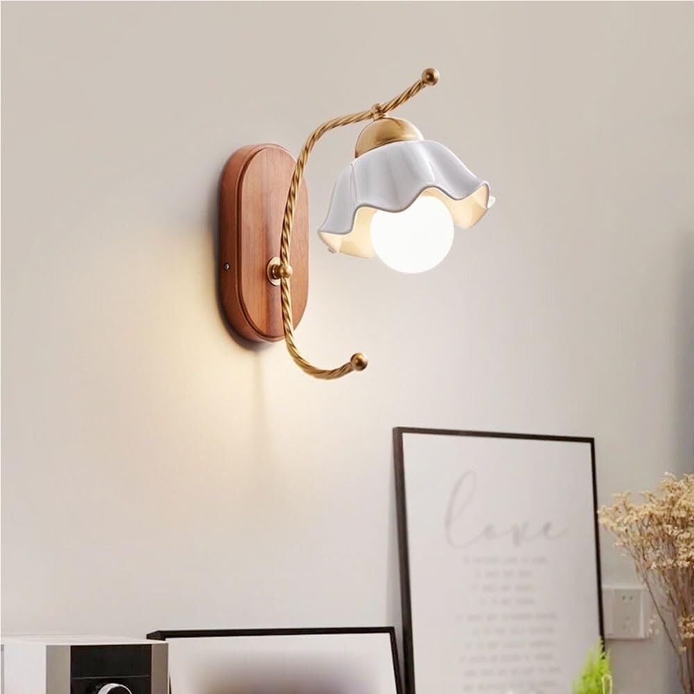 Aplique de Pared para Dormitorio, de cerámica Francesa con Forma de Flor, 33 cm (13 Pulgadas), Brazo de Metal Dorado retorcido con Base de Madera Maciza, Ideal para galerías, ofici