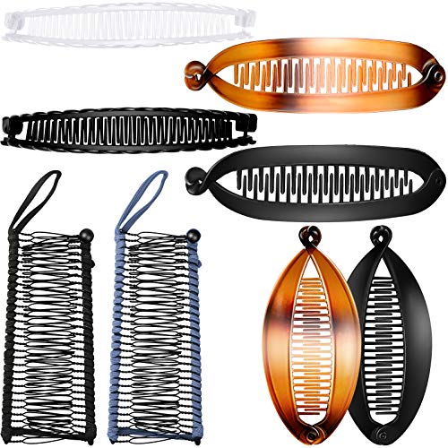 8 Pieces Banana Hair Clips Clincher Combs Large Vintage Banana Clips Comb Tool Multipurpose Hair Comb Double Combs Clip Claws for Women Girls Thick Curly Hair, 4 Styles (Black, Blue, White and Brown)