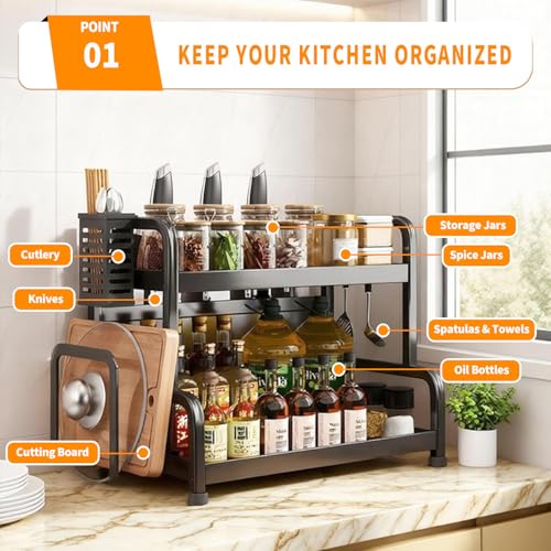 Image of CoolLeaf Kitchen Organizer Rack Steel, ๐-๐๐ข๐๐ซ Spice Rack Organizer With Cutting Board Stand, Cutlery Holder & Hooks, Multipurpose Kitchen Rack Stand for Counter Top Organizer,๐๐ ๐๐ Load-Black