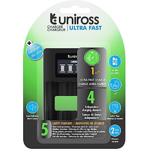 Uniross Chargeur LCD Ultra Rapide pour 1 à 4 Piles Ni-MH 1.2V AA AAA