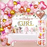 Winrayk Baby Shower Decorations for Girl, Baby Boxes with Letters & Pink Rose Gold Balloon Arch Kit & Backdrop & Tablecloth & Foil Balloon, 146Pcs Birthday Party Supplies Girl Baby Shower Decorations