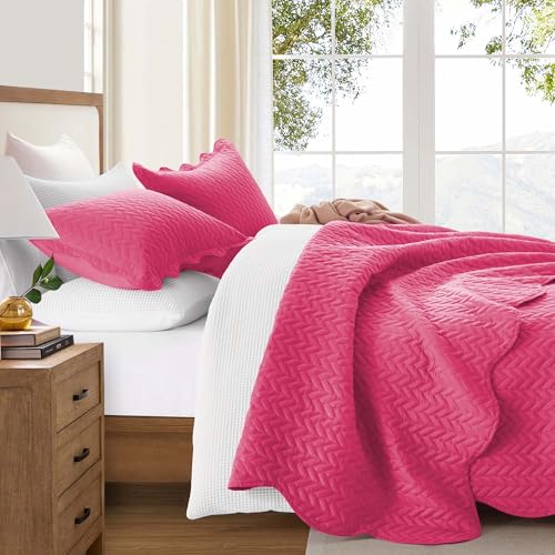 IR Imperial Rooms Twin Quilt Bedding Set Size (66” x 86”) + 1 Pillow Shams (20” x 26” + 2”) - 2 Pcs All Season Lightweight Reversible Microfiber Coverlet Embossed Quilt Bedspread (Pink)