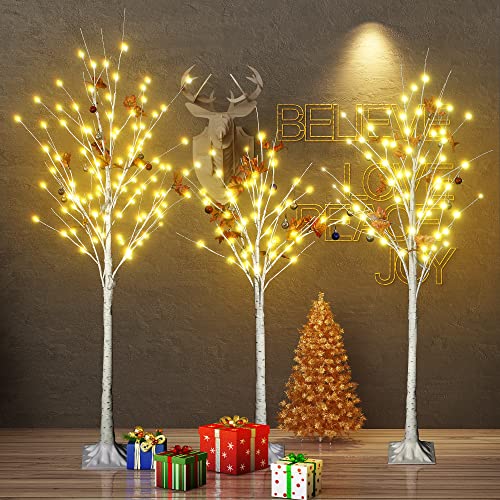 AWQM 4 Feet 5 Feet and 6 Feet Lighted Cherry Blossom Tree, Pack of 3, 200 LED Lights 24 Maple Leaves 24 Balls, for Home, Festival, Party, and Christmas Decoration, Indoor and Outdoor Use, Warm White