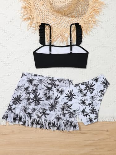 Image of Girl's 3 Piece Bikini Set Tropical Leaf Print Swimwear Bathing Suit Swimsuit with Skirts Cover Up Black 13-14Y