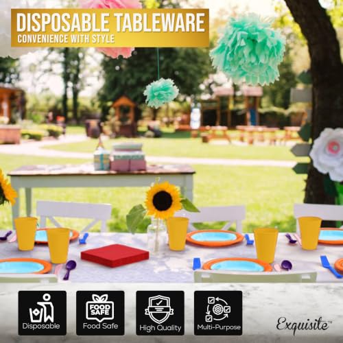 Image of Exquisite 350 Pcs Rainbow Plates and Napkins Party Supplies Plate Sets | Sturdy Plastic Dinnerware Set With 9 inch & 7 inch Plates, 12 Oz Cups, Lunch Napkins and Cutlery Serves 50 for Birthdays & Everyday