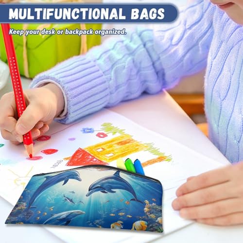 Image of Blue Dolphin Pencil Case for Boys Ocean Theme Pencil Box for Crayon Scissors Pen Holder for Kindergarten Toddlers Zippered Pouch for Stationery