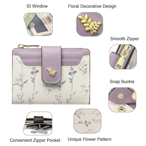Small Wallets for Women Leather Bifold Zipper Pocket Wallet Cute Flower Credit Card Holder Coin Purse with ID Window4