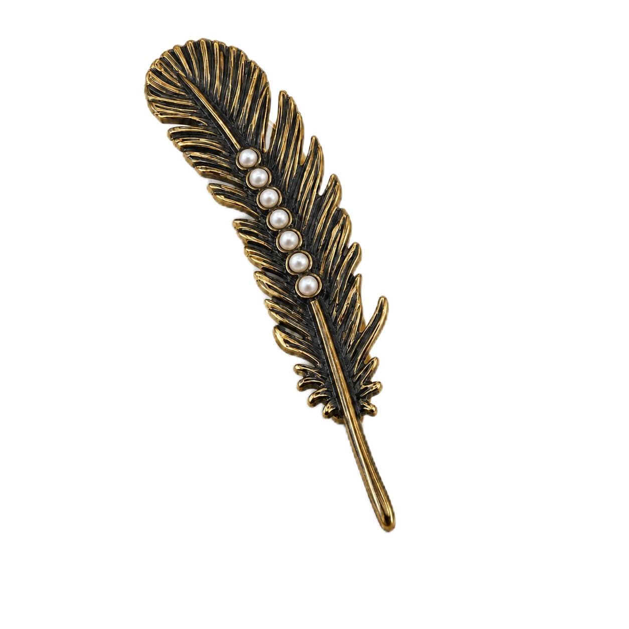 Obsidian Plume Feather With Pearks Brooch | Antique Gold-image-13