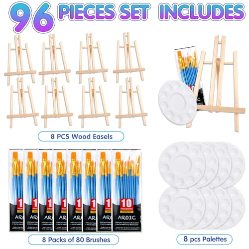 Image of AROIC 96 PCS Painting Supplies Set with Easels | 8 PCS Wood Easels, 8 Packs 80 Brushes with Nylon Brush and 8 PCS Palettes, Tabletop Wooden Art Easel for Kids & Adults
