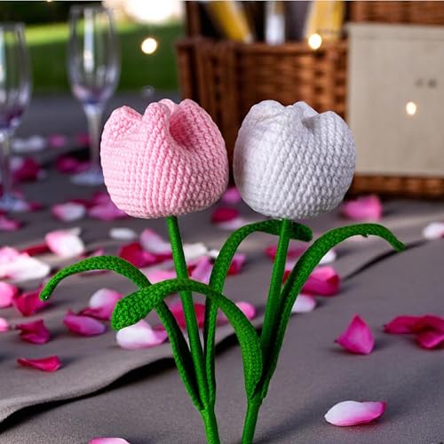 Image of Tulip Crochet Flowers | Handcrafted Artificial Faux Woolen Flower with Long Stem | Natural Looking Knitted Flower for Home, Living Room, Vase & Bouquet Decoration & Gifting | White & Baby Pink