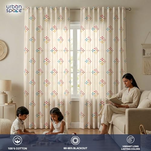 Image of Urban Space 100% Cotton Window Curtains 5 Feet (Set of 2) | 60-65% Room Darkening Window Curtains | Hanging Styles - Rod Pocket, Back Loop & Track Channel | Tieback Included (Mosaic - Red & Blue RD)
