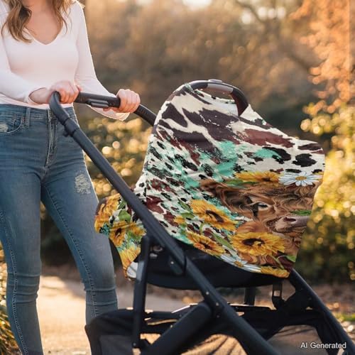Image of Wanyint Highland Cow Sunflower Baby Car Seat Covers Nursing Scarf Car Seat Canopy Shopping Cart Cover and High Chair Cover Protect Babies and Breastfeeding Mothers