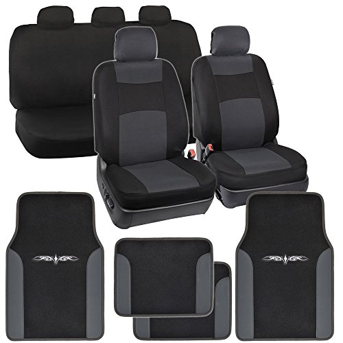 BDK Charcoal Polyester Cloth Seat Covers for Car SUV & Charcoal Tribal Carpet Mats