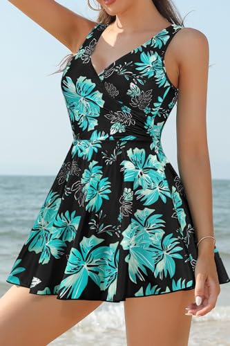 Image of SHEKINI One Piece V Neck Skirt for Women Modest Tummy Control Swimdress Bathing Suits Swimsuit