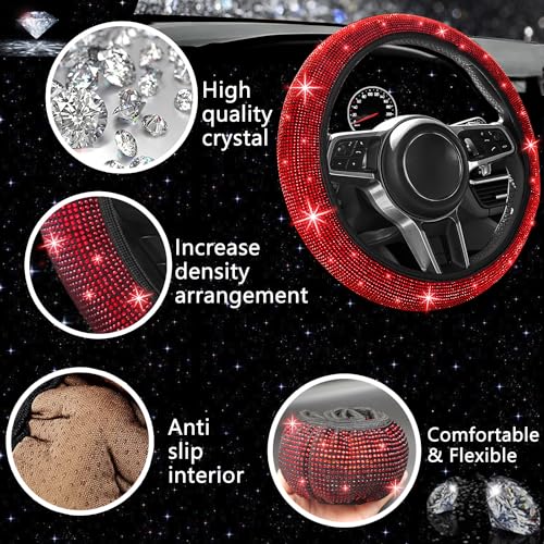 Image of NBTEPEM 27 PCs Red Bling Car Accessories Set for Women, Steering Wheel Covers Universal Fit 15 Inch, Bling License Plate Frame, Bling Phone Holder, Bling Car Coasters (Red Diamond)