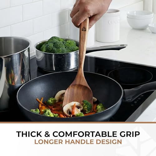 Image of Wooden Spoons for Cooking - 6 Pcs Premium Teak Wooden Utensil Set with Hooks - Durable, Nonstick Safe, Easy to Clean & Heat Resistant with Ergonomic Handles