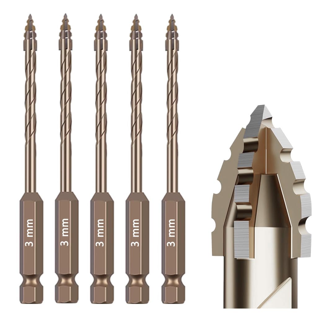 5Pcs Serrated Masonry Drill Bit Set (1/8"-3mm) – Titanium Coated High-Speed Steel, Eccentric Flute Design for Dry Drilling Concrete, Tile, Glass, Brick & Metal – Industrial & Household Use