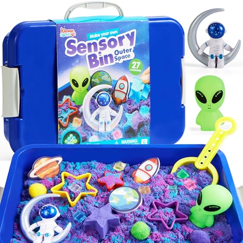 Klever Kits Space Sensory Bin for Toddlers with Glow in The Dark Stones Alien, Sandbox with Lid Planet Universe kit, Preschool Learning Activities Gifts for Boys Girls Age 3+