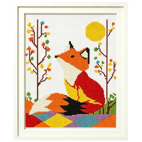 Image of Zhenqing Geometric Red Fox Stamped Cross Stitch Kit for Adults Beginners, 11CT Printed Cross Stitch on White Cotton Fabric, Woodland Animal DIY Needlework Home Decor (66158)