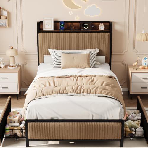 Image of GAOMON Twin Size Bed Frame with 2 Drawers and Charging Station, Brown