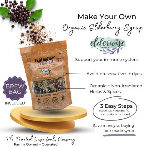 Elderwise Organic Elderberry Syrup Kit - Easy To Use, Diy Elderberry Syrup Making Kit With Elderberries ,Rosehips, Ginger, Echinacea, Cinnamon, And Cloves, Makes 32Oz Of Syrup, Brewing Bag Included #TOP1