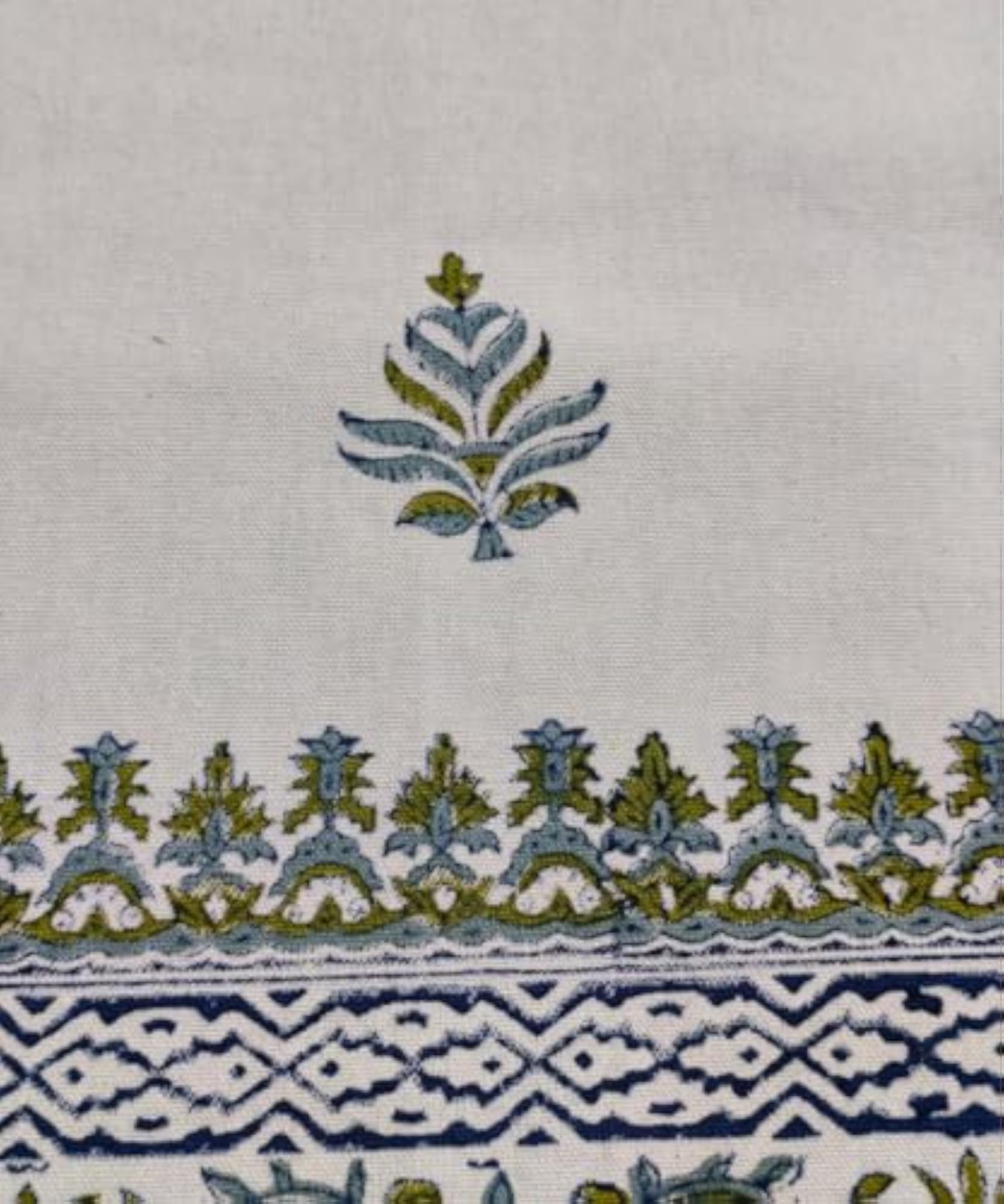 6 Seater Hand Block Printed Off White, Blue & Green Table Cloth