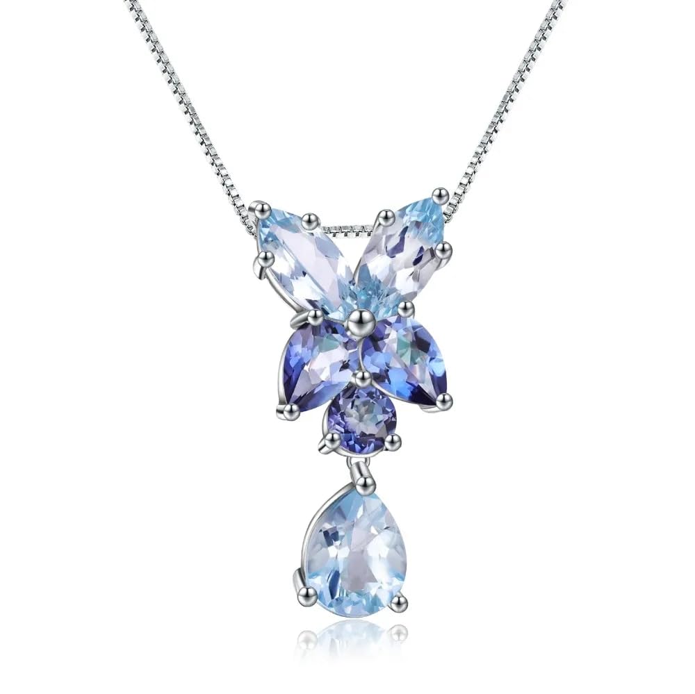 Collier topaze bleue naturelle et quartz mystique, pendentif fleur argent - 6