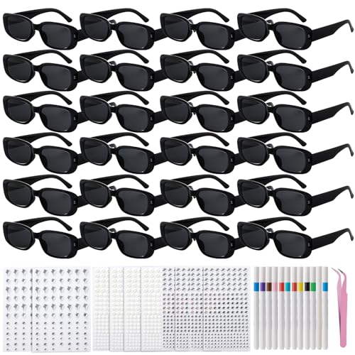 24 Pcs Personalized Sunglasses Bulk Custom Retro Rectangle Sunglasses 90’s Vintage Fashion Narrow Square Frame Glasses Shades with 12 Colorful Markers 1928 Crystals for Adult