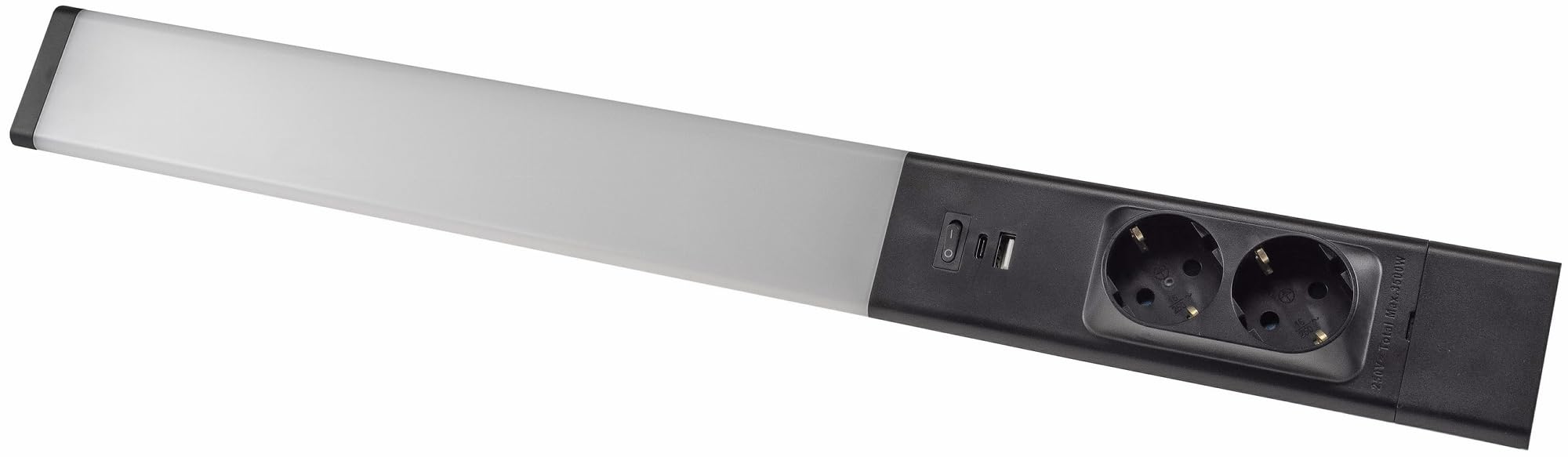 Réglette LED sous meuble - 60 cm - Noir - Barre lumineuse LED avec 2 prises et USB-A/USB-C (PD) - Lumière blanche neutre (4000 K), 1607 lm, montage sous meuble et d'angle