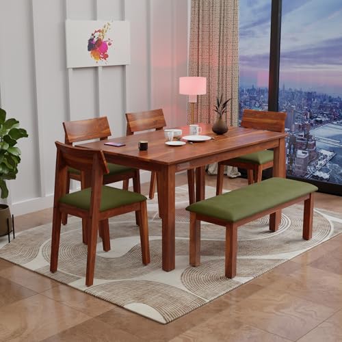 Image of DRIFTINGWOOD Liana 6-Seater Dining Table Set � Sheesham Wood Natural Honey Finish with Table, 4 Cushioned Chairs & Bench - Ideal for Kitchen & Living Room - Assembly Required