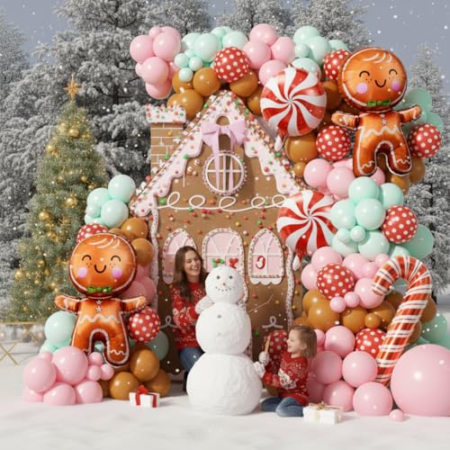 Image of 160Pcs Christmas Balloon Arch Garland Kit Xmas Pastel Pink Green Brown Latex Balloons Gingerbread Man Candy Cane Foil Balloons Arch Kit for Christmas New Year Party Birthday Party Decorations