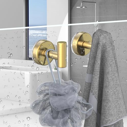 Image of Suction Cup Hooks for Shower, Stainless Steel Shower Hooks for Hanging Towels, Robes, Bath Balls, Towel Hooks for Bathroom Wall, Glass Door, Kitchen, Mirror, Tile (2 Pack,Gold)