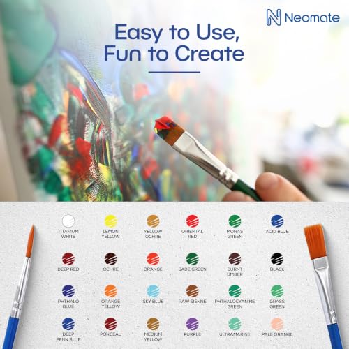Image of Neomate Acrylic Paint Set - 24 Premium Acrylic Paint Tubes with 4 Brushes - Vibrant, Non-Toxic Pigments for Canvas, Glass, Plastic, Rocks, Arts and Crafts