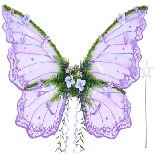 Yieeonc Fairy Wings for Adults Women Fairy Costume Star Wands Set Large Butterfly Wings for Halloween Party Purple