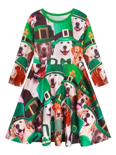 Image of WonderBabe Toddler Girl St Patricks Day Outfit Kids Long Sleeve Printed Swing Dresses Shamrock Clover Casual Dress Clothes