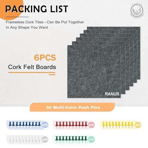 Image of RANUR 6 Pcs Felt Bulletin Board (30x30 cm) Self Adhesive Notice Boards with 50 Pins, Vision Board for Manifestation, Message Board for Notes, Photos, Office & Home Wall Decor (Grey)