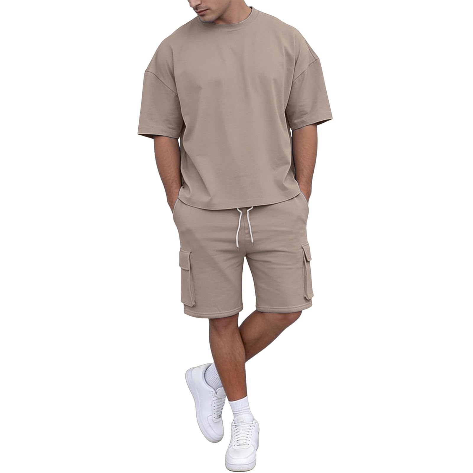 MJGkhiy Tuta Uomo Completa Estiva Corta,2 Pezzi Tute da Ginnastica T shirt Manica Corta +Pantaloncini Cargo Sportivi con Tasche Set Leggero Traspirante Streetwear per Trekking Jogging Palestra Fitness