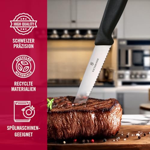 Foto von Victorinox Swiss Classic Profi Steak- und Pizzamesser-Set, 6-teilig, Tafelmesser, Wellenschliff, Scharfe Klingen, 11 cm, Robuste Kunststoffgriffe, Schwarz
