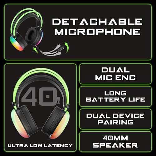 Image of truke BTG Thunder Over the Ear Gaming Headphone with 70H of Playtime, 40mm Titanium Drivers, Dual Pairing Headset, Gaming Mode (40ms Latency) with RGB LEDs, Detachable Mic, BT 5.4-Black
