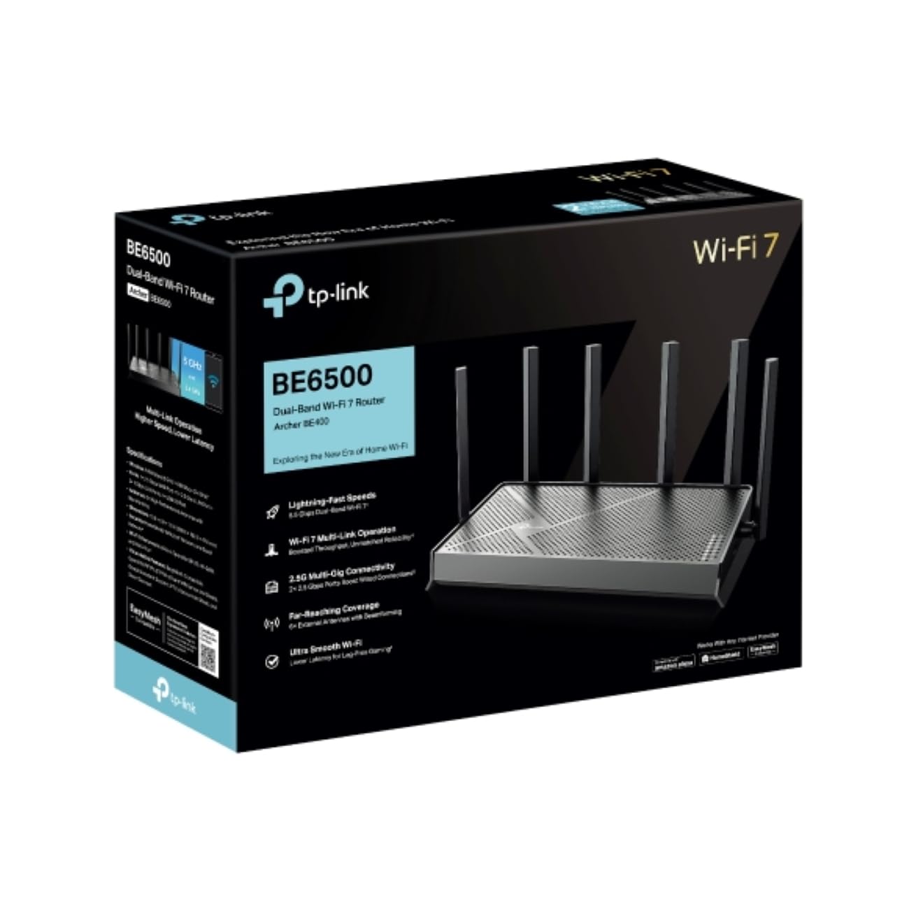 TP-Link Archer BE400 - Router WiFi 7 Doble Banda 6500Mbps, 2.5G WAN/LAN, Cobertura Maxima 6 Antenas Externas con Tecnología MLO, EasyMesh, Beamforming, Control App