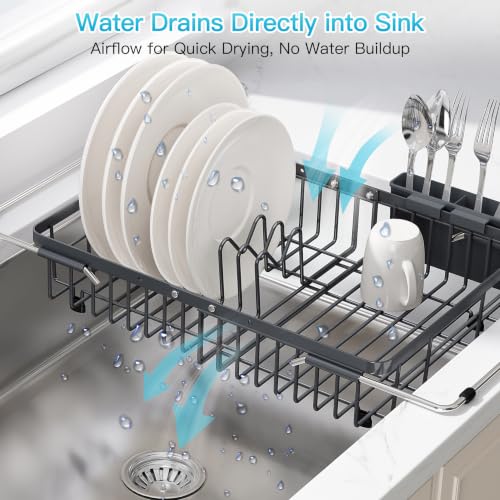 Image of JASIWAY Gray Dish Drying Rack Over the Sink with Utensil Holder