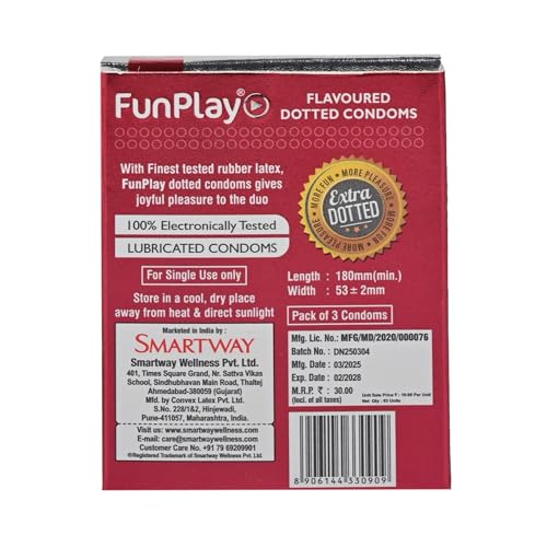 Image of Funplay Strawberry Dotted Condoms 3 PCS | Flavoured Latex Condoms | Dotted Texture for Added Sensation | Smooth Lubricated Surface | Comfortable Fit | Travel Friendly Pack